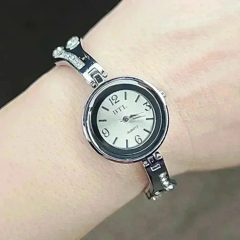 BTL Silver Link Bracelet with White Gem Accents & Round Watch w/ Pewter Bezel